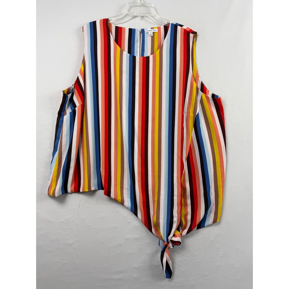 Ophelia Roe Top Women 3X Multi Color Vertical Stripe Side Tie Sleeveless Blouse